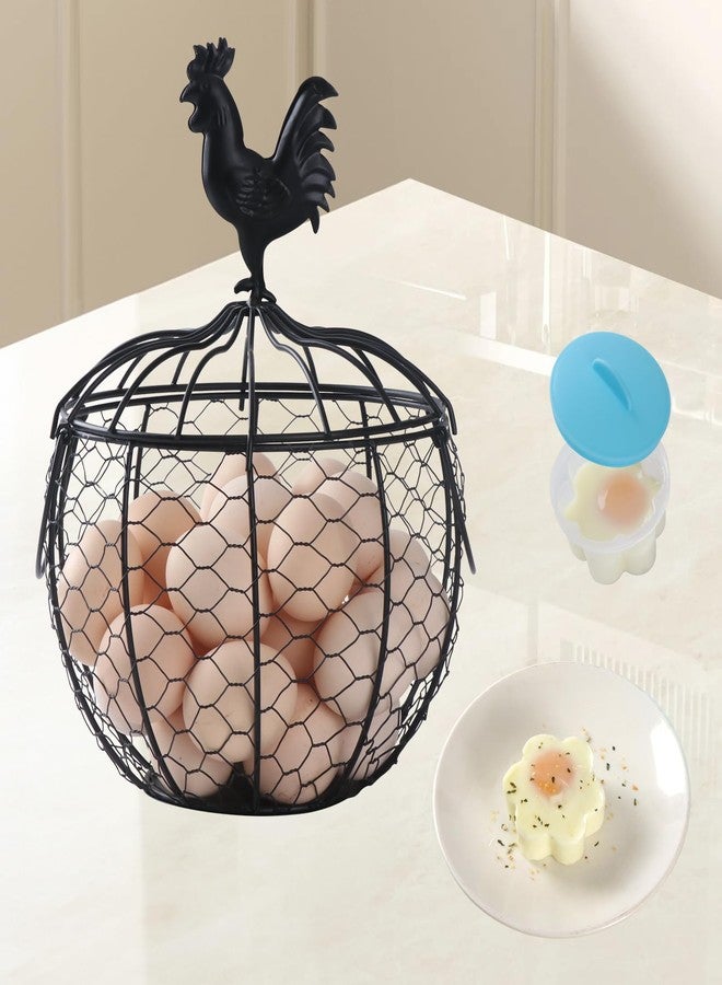 Vukehon Farmhouse Rooster Egg Basket for Fresh Eggs, Black Metal Wire Egg Holder, Holds 25-35 Eggs, Rustic Kitchen Countertop Decor with Removable Lid & Handles - Bonus Set of 4 Silicone Egg Poachers - Image 1